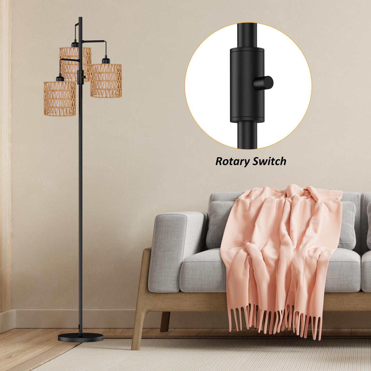Boho 3-Light Floor Lamp with Rattan & Linen Shades | Dimmable Standing Lamp, Rotary Switch | Cozy Living Room Ambient Lamp
