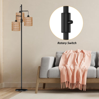 Boho 3-Light Floor Lamp with Rattan & Linen Shades | Dimmable Standing Lamp, Rotary Switch | Cozy Living Room Ambient Lamp