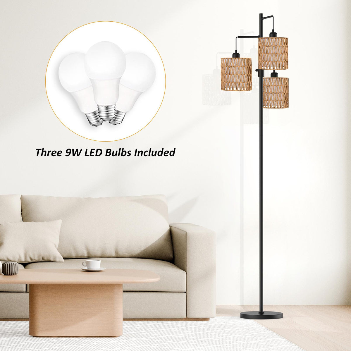 Boho 3-Light Floor Lamp with Rattan & Linen Shades | Dimmable Standing Lamp, Rotary Switch | Cozy Living Room Ambient Lamp