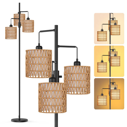 Boho 3-Light Floor Lamp with Rattan & Linen Shades | Dimmable Standing Lamp, Rotary Switch | Cozy Living Room Ambient Lamp