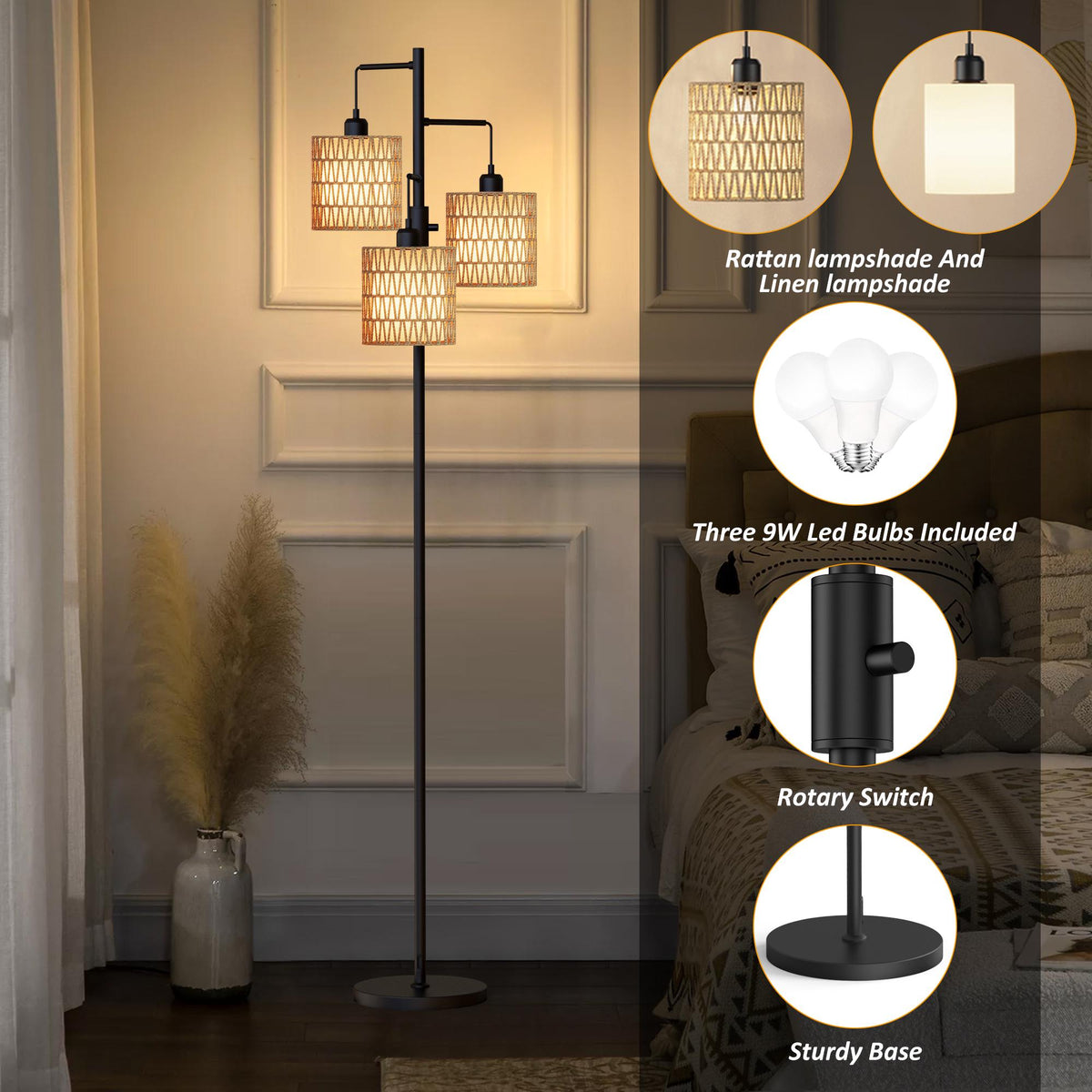 Boho 3-Light Floor Lamp with Rattan & Linen Shades | Dimmable Standing Lamp, Rotary Switch | Cozy Living Room Ambient Lamp
