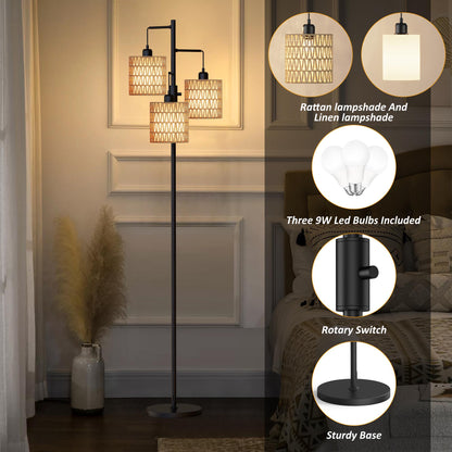 Boho 3-Light Floor Lamp with Rattan & Linen Shades | Dimmable Standing Lamp, Rotary Switch | Cozy Living Room Ambient Lamp