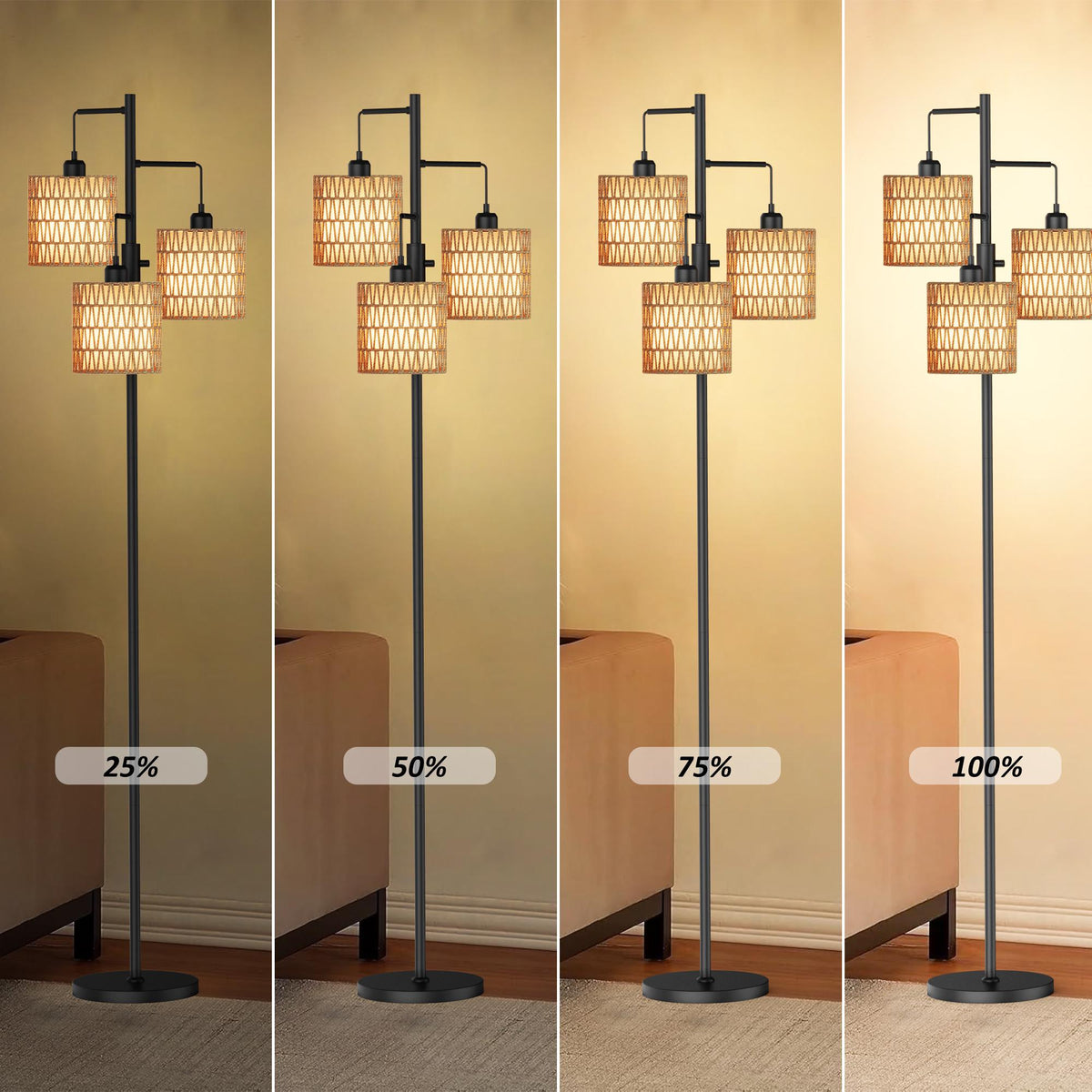 Boho 3-Light Floor Lamp with Rattan & Linen Shades | Dimmable Standing Lamp, Rotary Switch | Cozy Living Room Ambient Lamp