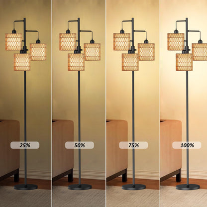 Boho 3-Light Floor Lamp with Rattan & Linen Shades | Dimmable Standing Lamp, Rotary Switch | Cozy Living Room Ambient Lamp