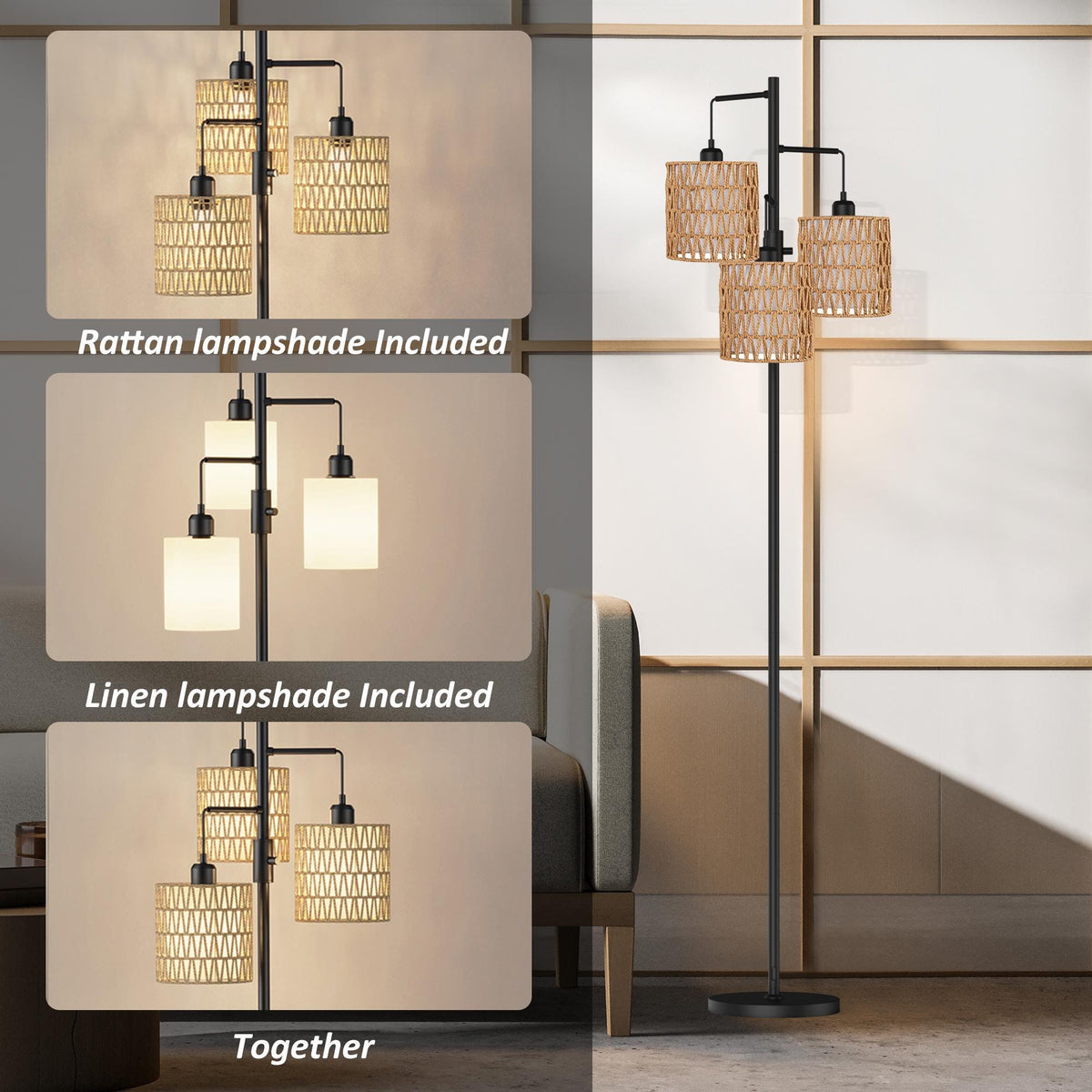 Boho 3-Light Floor Lamp with Rattan & Linen Shades | Dimmable Standing Lamp, Rotary Switch | Cozy Living Room Ambient Lamp