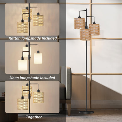 Boho 3-Light Floor Lamp with Rattan & Linen Shades | Dimmable Standing Lamp, Rotary Switch | Cozy Living Room Ambient Lamp