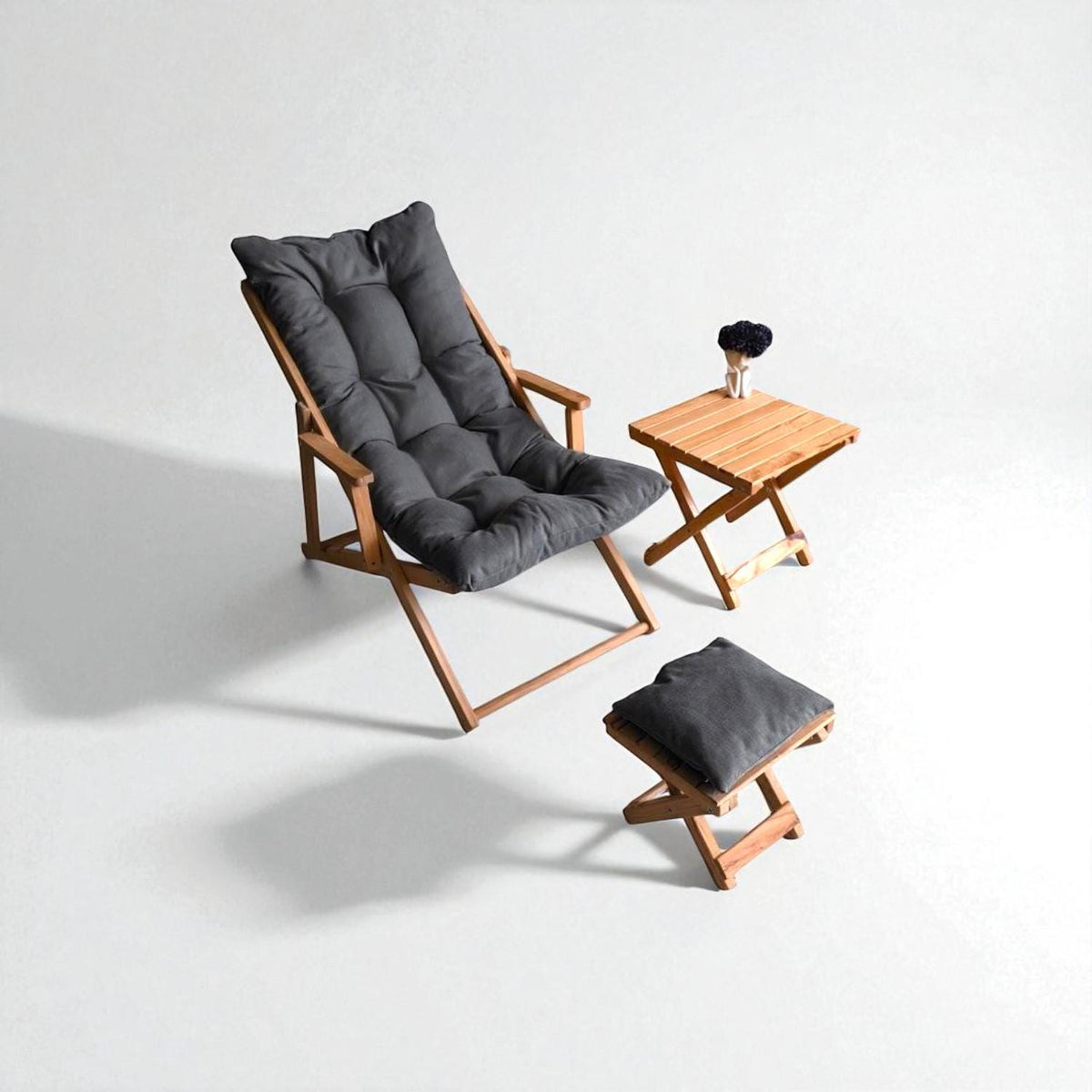 Cozy Wooden Patio Set with Cushions, Folding Garden Lounge Chairs with Footstools and Coffee Table, Outdoor Wooden Lounge Chair Set, Sunbed