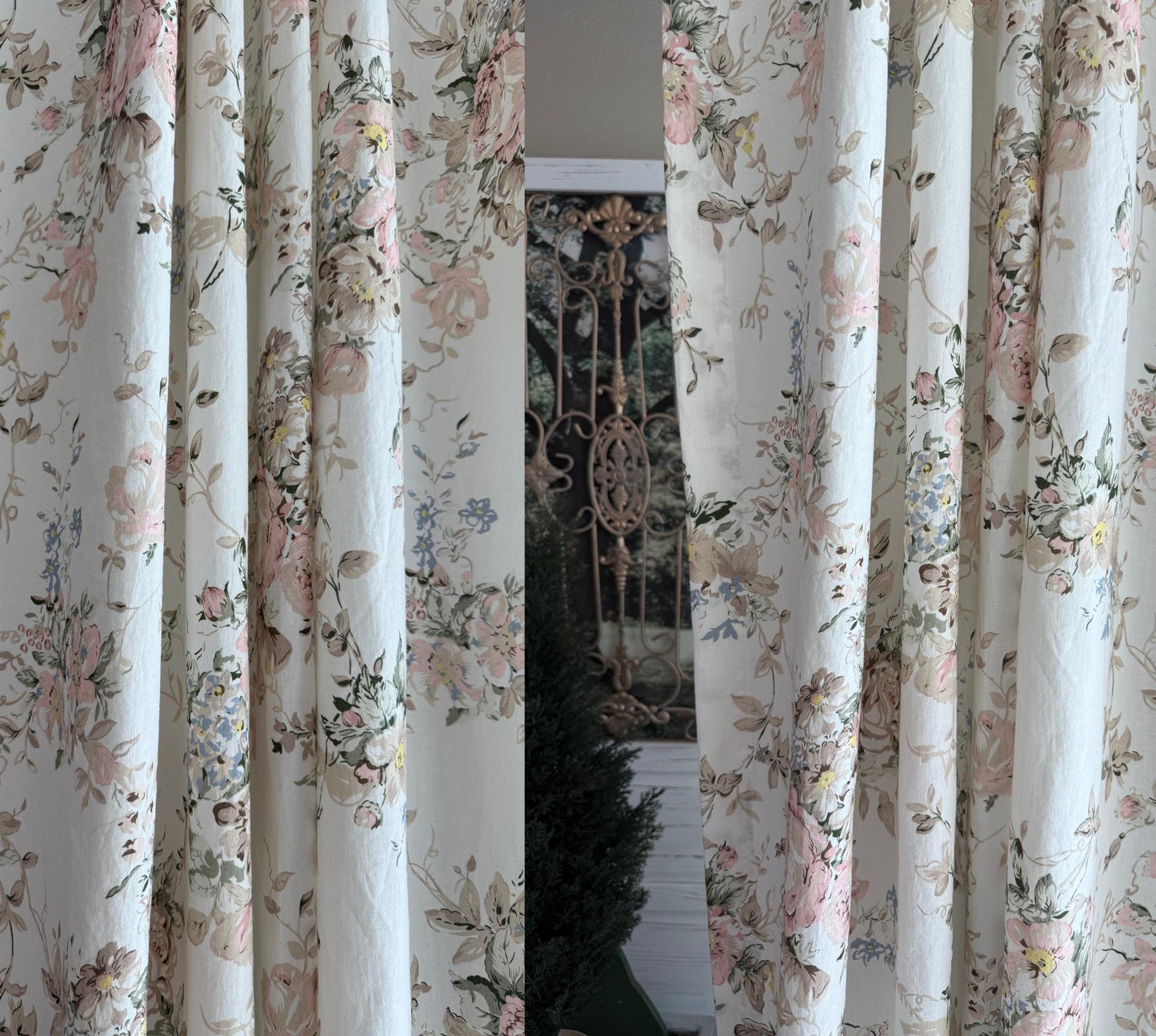 Vintage Floral Linen Cotton Curtains, French Country Rose Drapes Set of 2