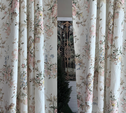 Vintage Floral Linen Cotton Curtains, French Country Rose Drapes Set of 2