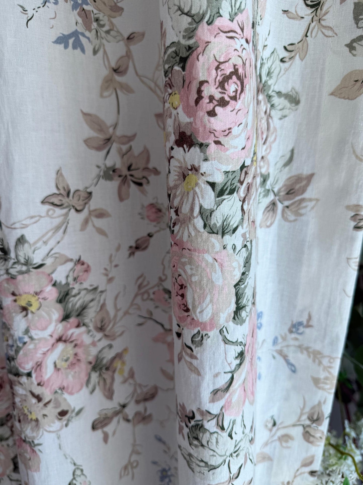 Vintage Floral Linen Cotton Curtains, French Country Rose Drapes Set of 2