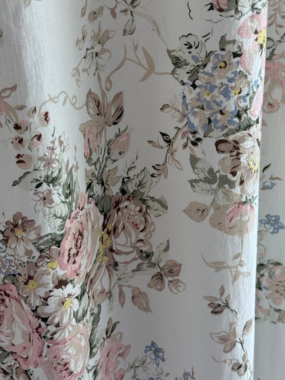 Vintage Floral Linen Cotton Curtains, French Country Rose Drapes Set of 2