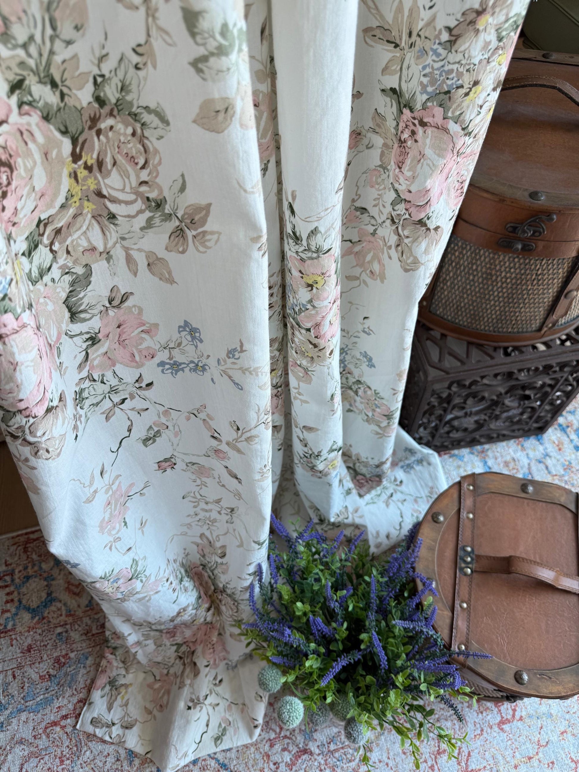 Vintage Floral Linen Curtains French Country Rose Shabby Chic Cottagecore Window Panel Soft White Botanical Drapes Custom Size Set of 2