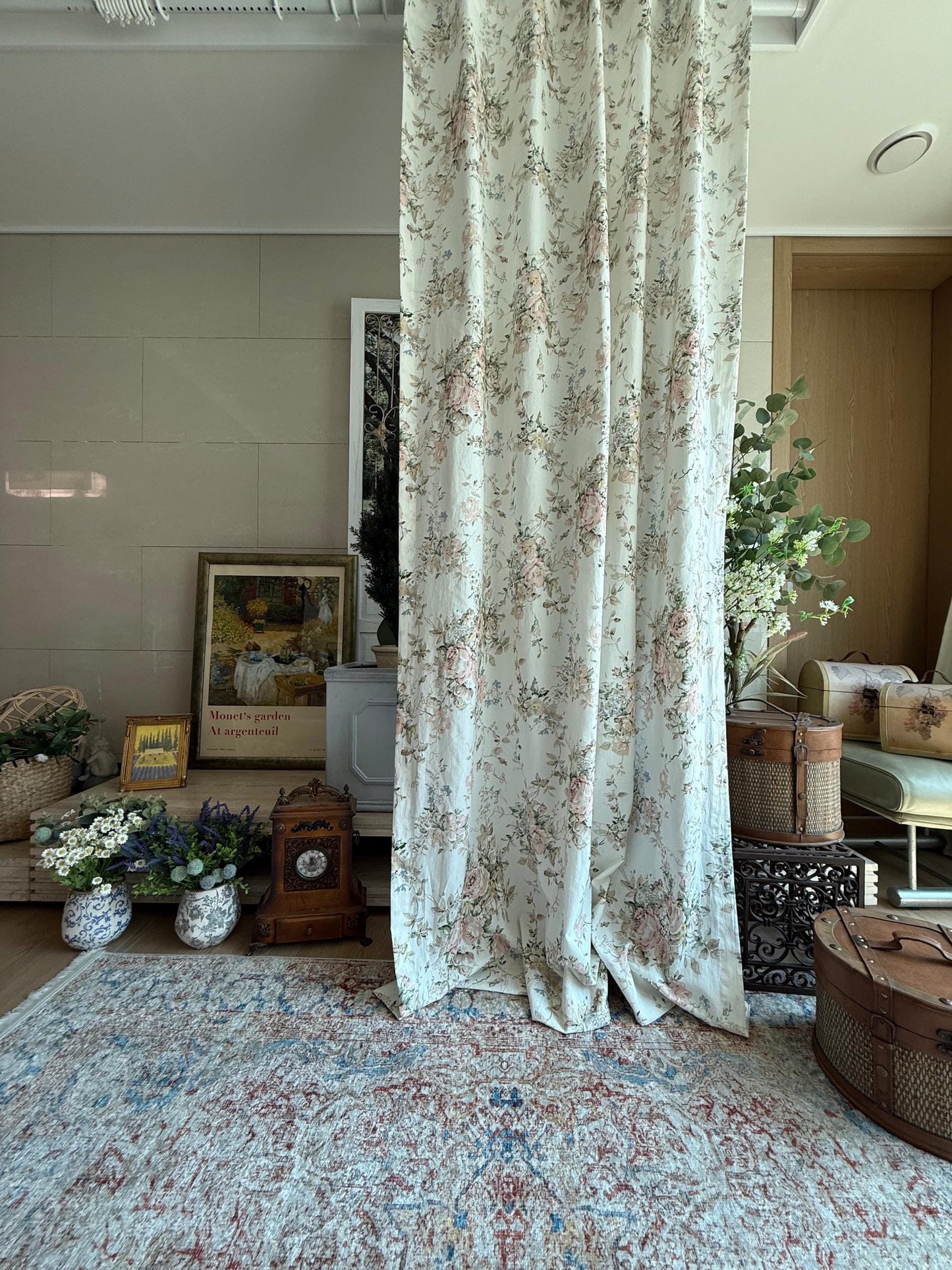 Vintage Floral Linen Cotton Curtains, French Country Rose Drapes Set of 2