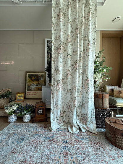Vintage Floral Linen Cotton Curtains, French Country Rose Drapes Set of 2