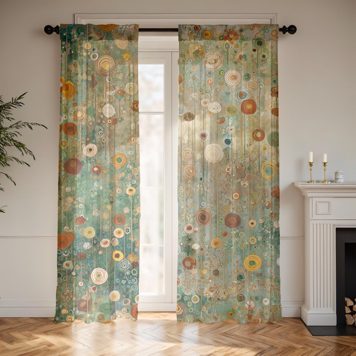 Sheer Window Curtain (1 Panel), 4" Rod Pocket, 1 Sided Print, 50" x 84", Gustav Klimt Inspired, Woodland Floral Botanical Living Room