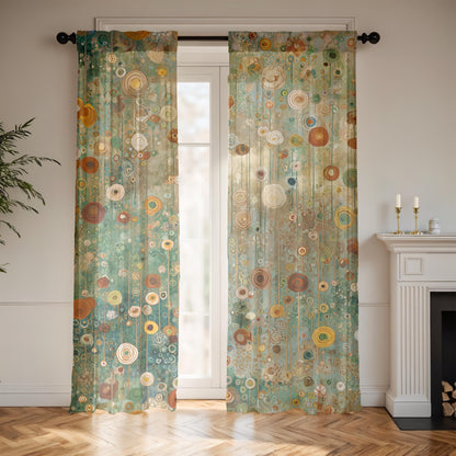 Sheer Window Curtain (1 Panel), 4" Rod Pocket, 1 Sided Print, 50" x 84", Gustav Klimt Inspired, Woodland Floral Botanical Living Room