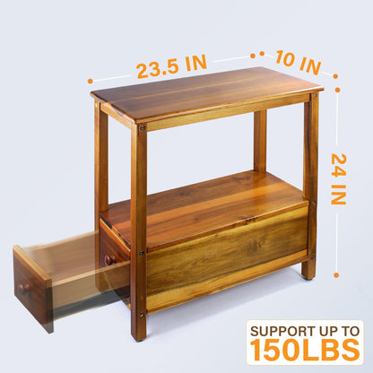 Narrow Acacia Wood End Table with Drawer & Open Shelf