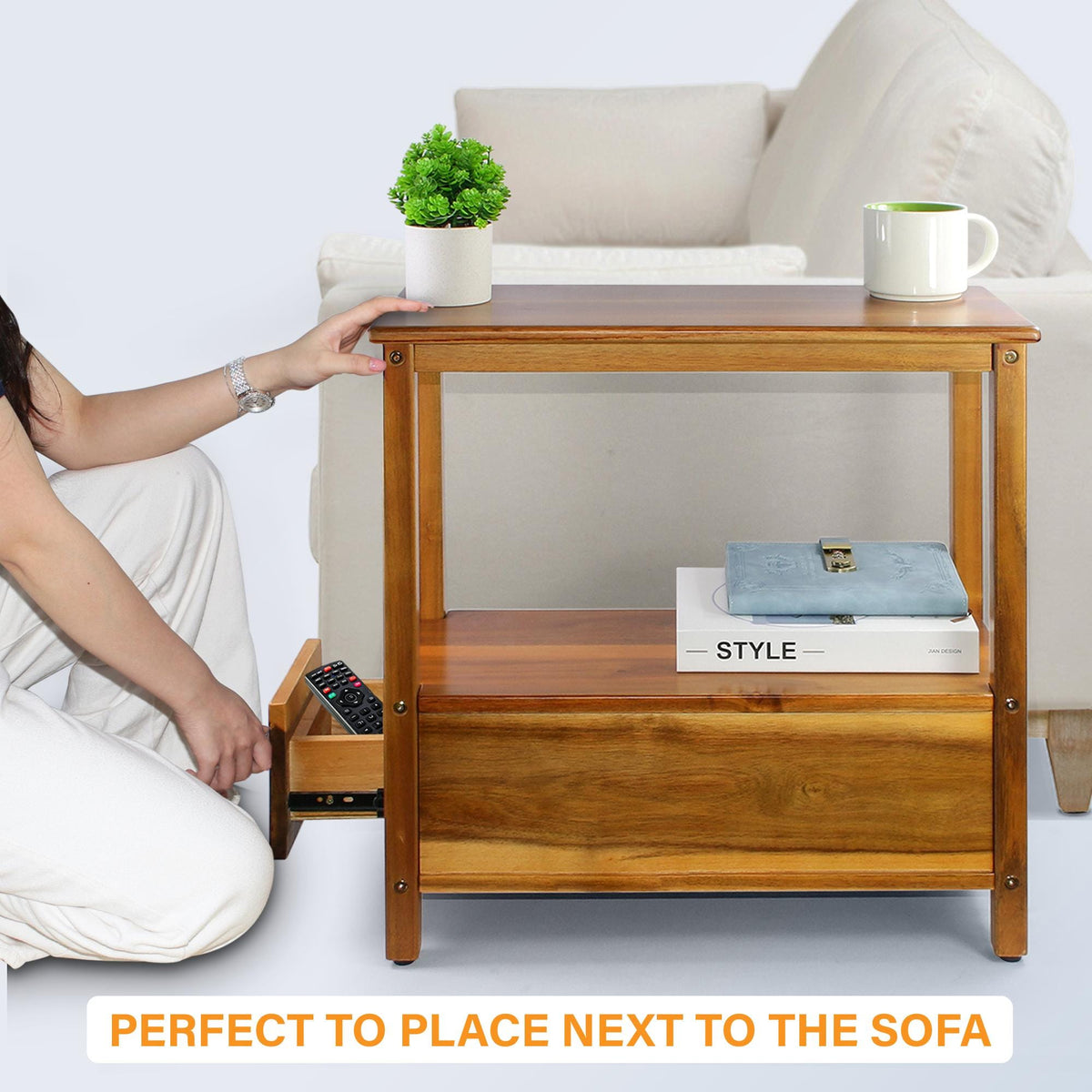 Narrow Acacia Wood End Table with Drawer & Open Shelf