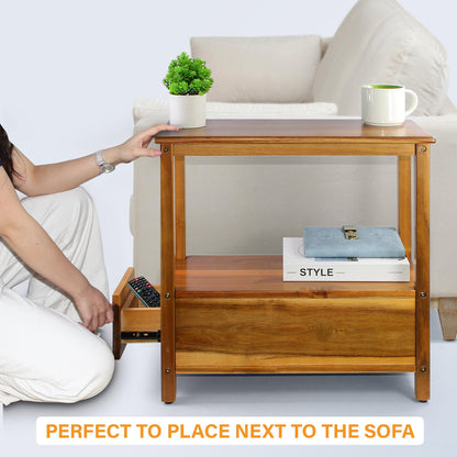 Narrow Acacia Wood End Table with Drawer & Open Shelf