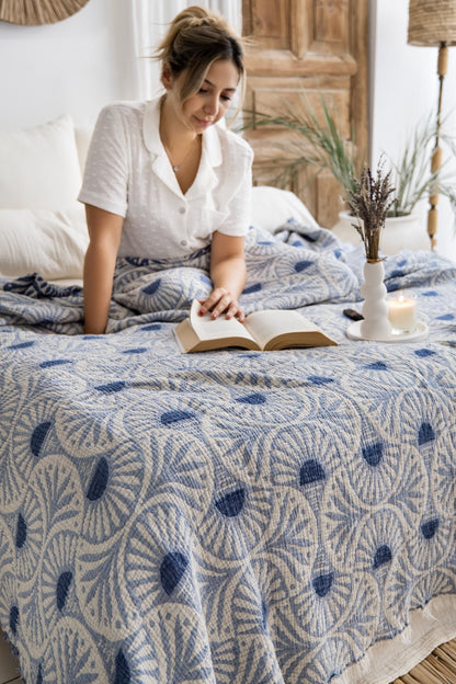 Blue Ginkgo Muslin Bed Blanket, 100% Turkish Cotton King Size Bedspread, Lightweight Reversible Gauze Blanket, Boho Bedding