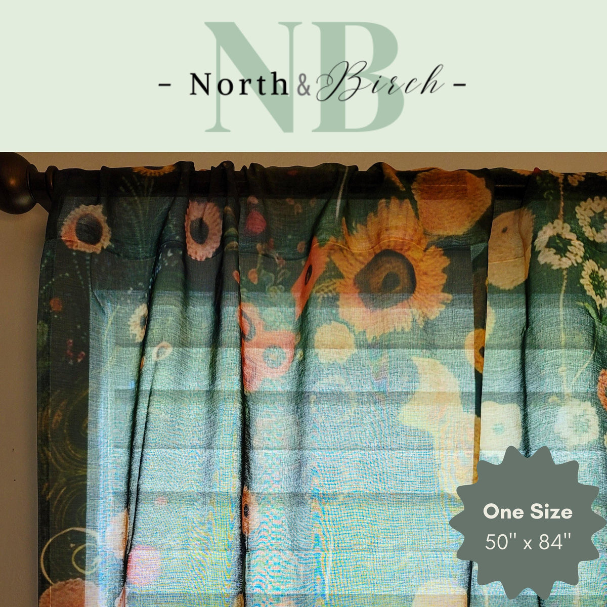 Woodland Floral Sheer Curtain Panel with 4" Rod Pocket, 50" x 84"