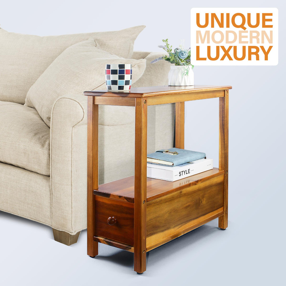 Narrow Acacia Wood End Table with Drawer & Open Shelf