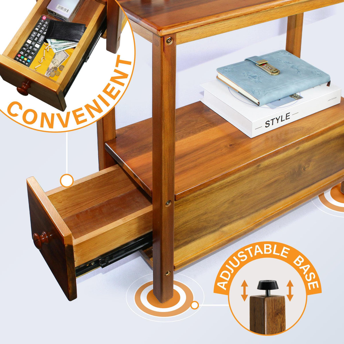 Narrow Acacia Wood End Table with Drawer & Open Shelf