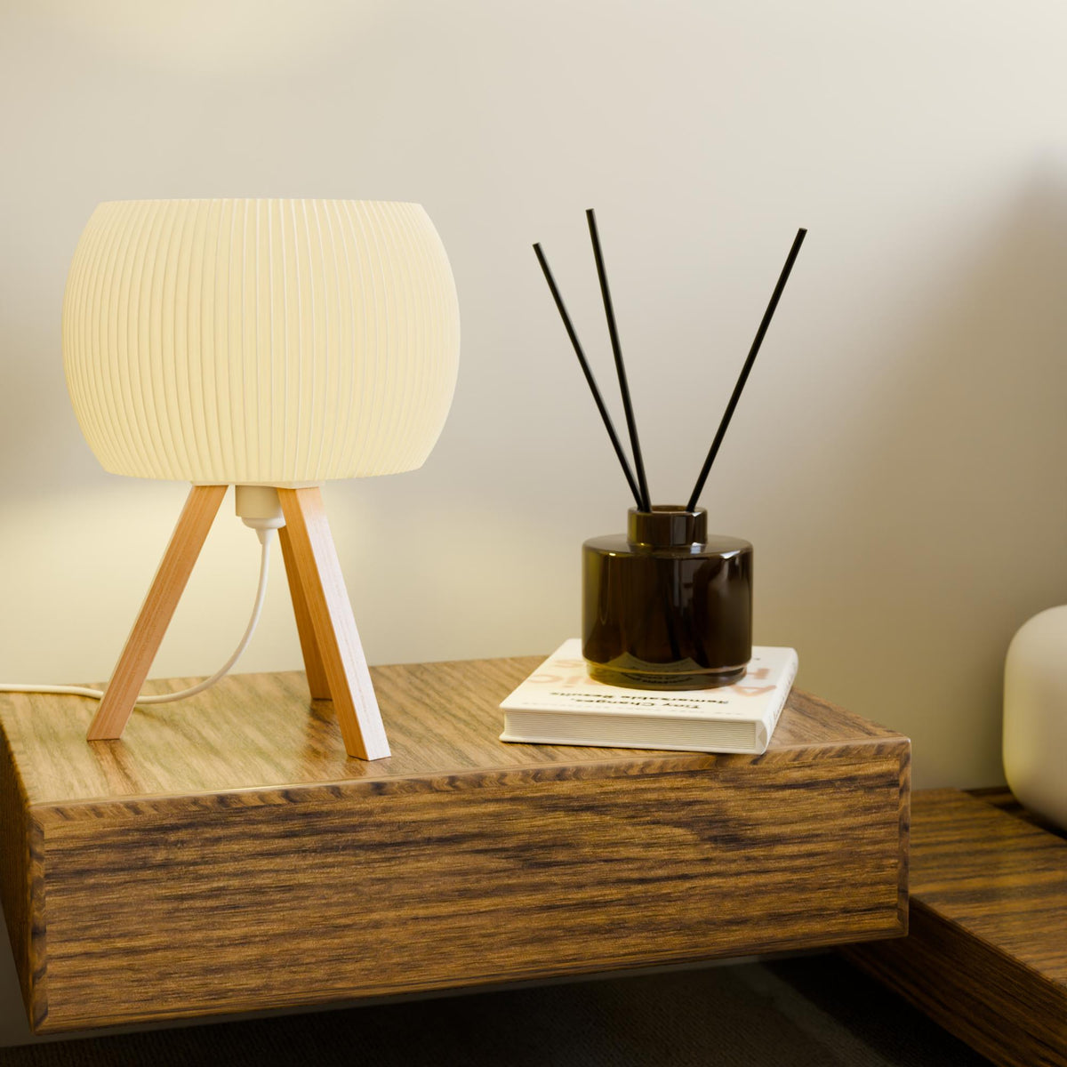ORB Wood Table Lamp with Ribbed Shade & Tripod Base