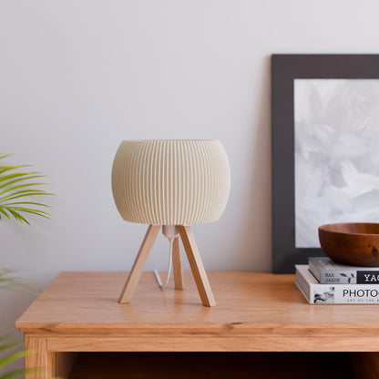 ORB Wood Table Lamp with Ribbed Shade & Tripod Base