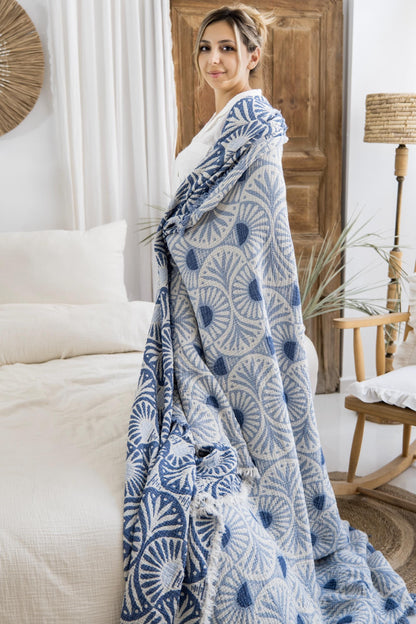 Blue Ginkgo Muslin Bed Blanket, 100% Turkish Cotton King Size Bedspread, Lightweight Reversible Gauze Blanket, Boho Bedding