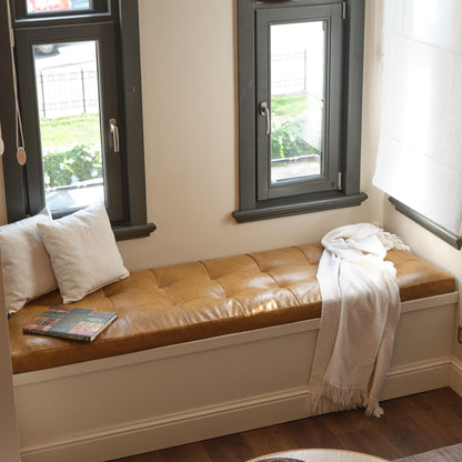 Comfortable Leather Bench Cushion, Custom Tufted Leather Bench Cushion, Large Window Leather Seat Cushion