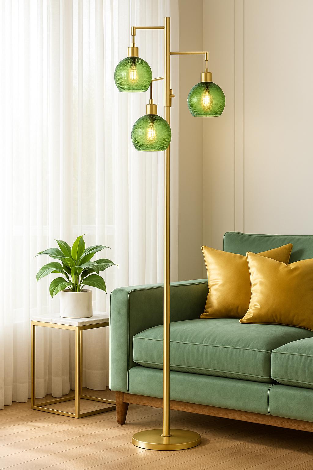 Modern Glass Floor Lamp, Dimmable 3-Light Standing Lamp with Green Shades - customizable light