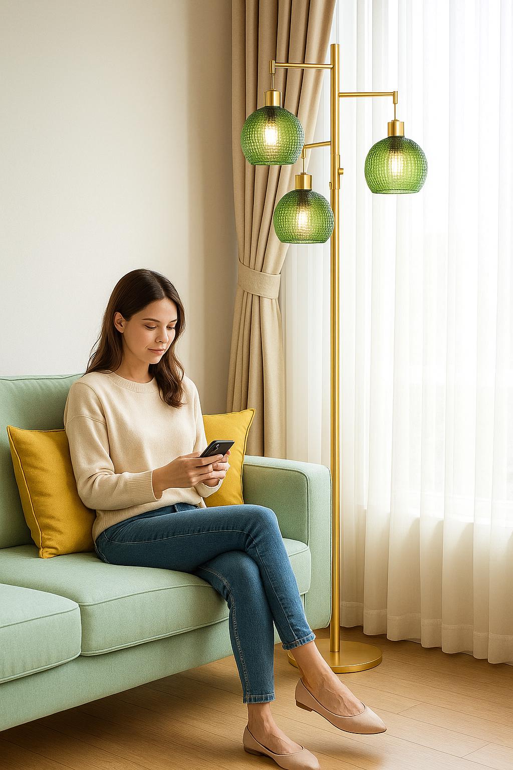 Modern Glass Floor Lamp, Dimmable 3-Light Standing Lamp with Green Shades - customizable light