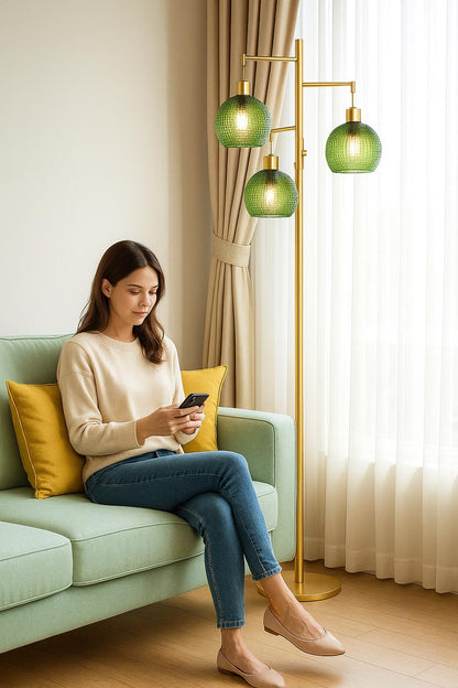 Modern Glass Floor Lamp, Dimmable 3-Light Standing Lamp with Green Shades - customizable light