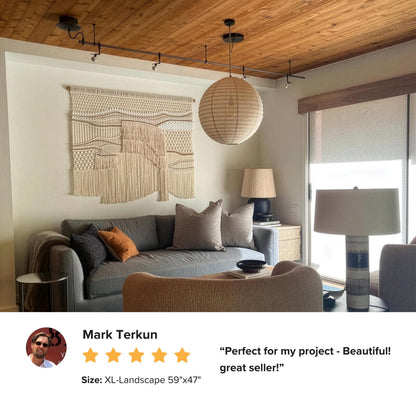 Extra Large Neutral Macrame Wall Art – Handmade Woven Tapestry with Teak Wood Bar, Textured Bohemian Wall Decor for Bedroom or Living Room