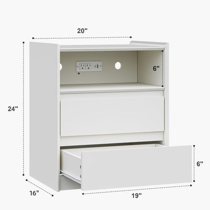 White Nightstand with Charging Station, 2 Drawers & Tray Top