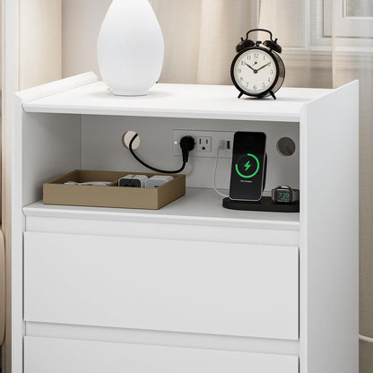 White Nightstand with Charging Station, 2 Drawers & Tray Top