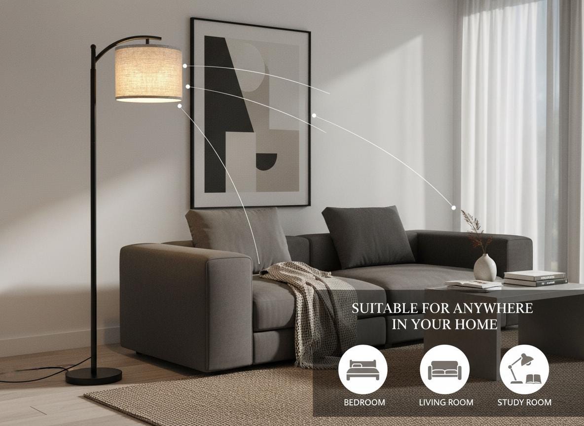 Modern Black Floor Lamp with Beige Linen Shade & 3-Color LED