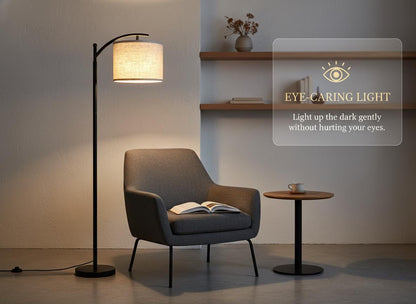 Modern Black Floor Lamp with Beige Linen Shade & 3-Color LED