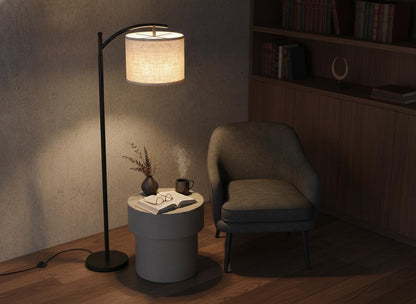Modern Black Floor Lamp with Beige Linen Shade & 3-Color LED