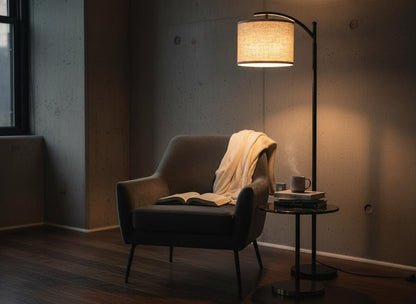 Modern Black Floor Lamp with Beige Linen Shade & 3-Color LED