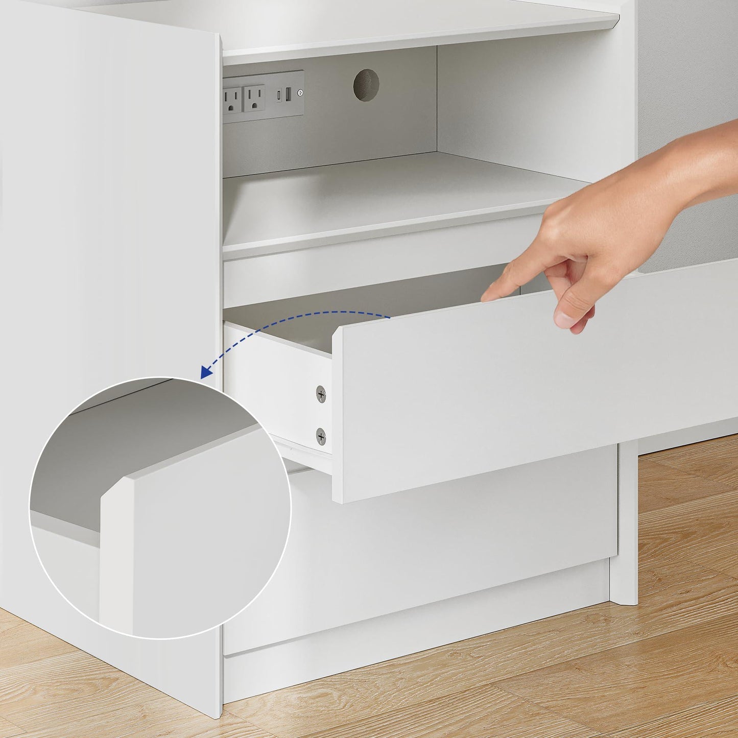 White Nightstand with Charging Station, 2 Drawers & Tray Top