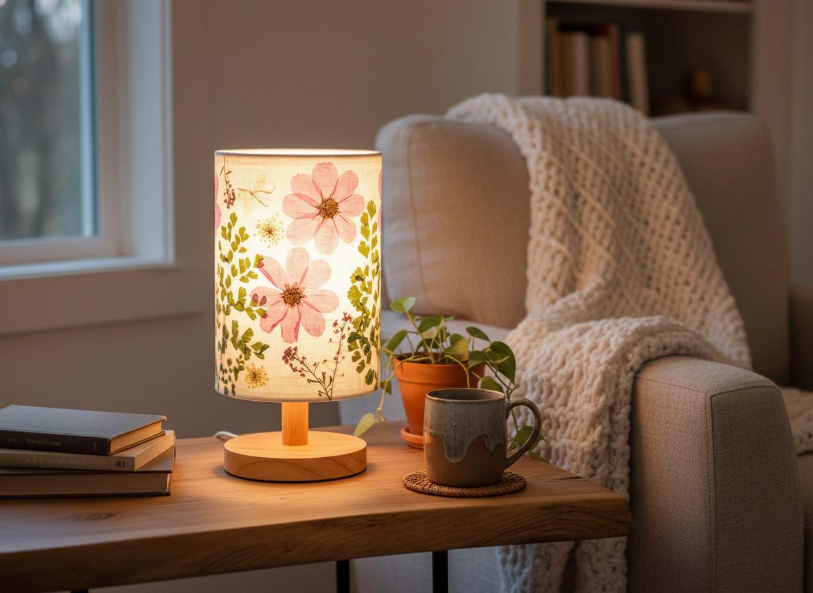 Pressed Flower Table Lamp with Wood Base & 3-Color LED