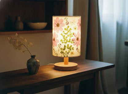 Pressed Flower Table Lamp with Wood Base & 3-Color LED