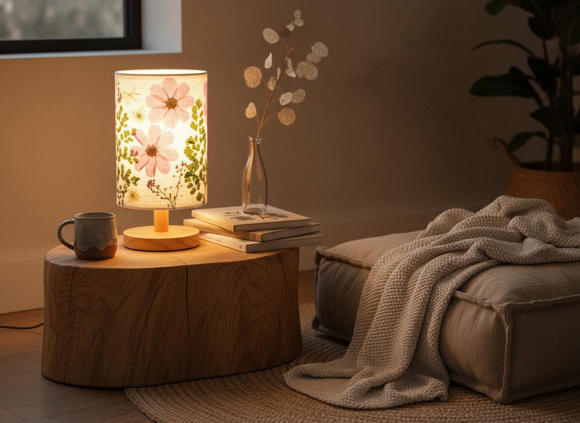 Pressed Flower Table Lamp with Wood Base & 3-Color LED