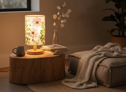 Pressed Flower Table Lamp with Wood Base & 3-Color LED