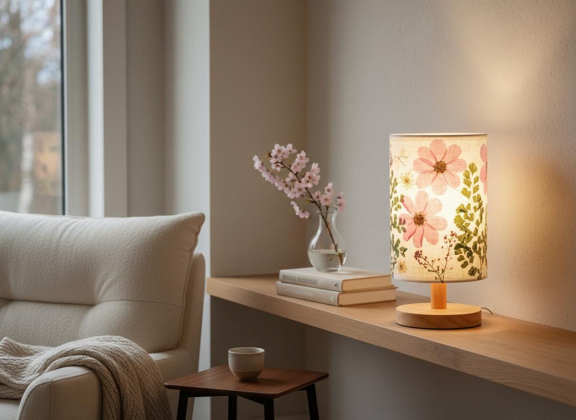 Pressed Flower Table Lamp with Wood Base & 3-Color LED
