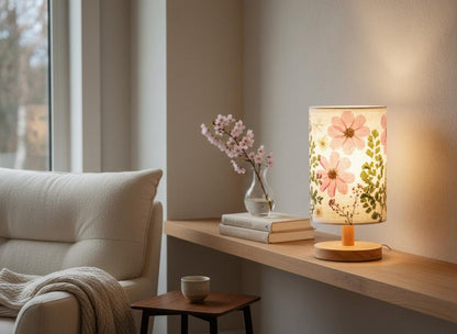 Pressed Flower Table Lamp with Wood Base & 3-Color LED