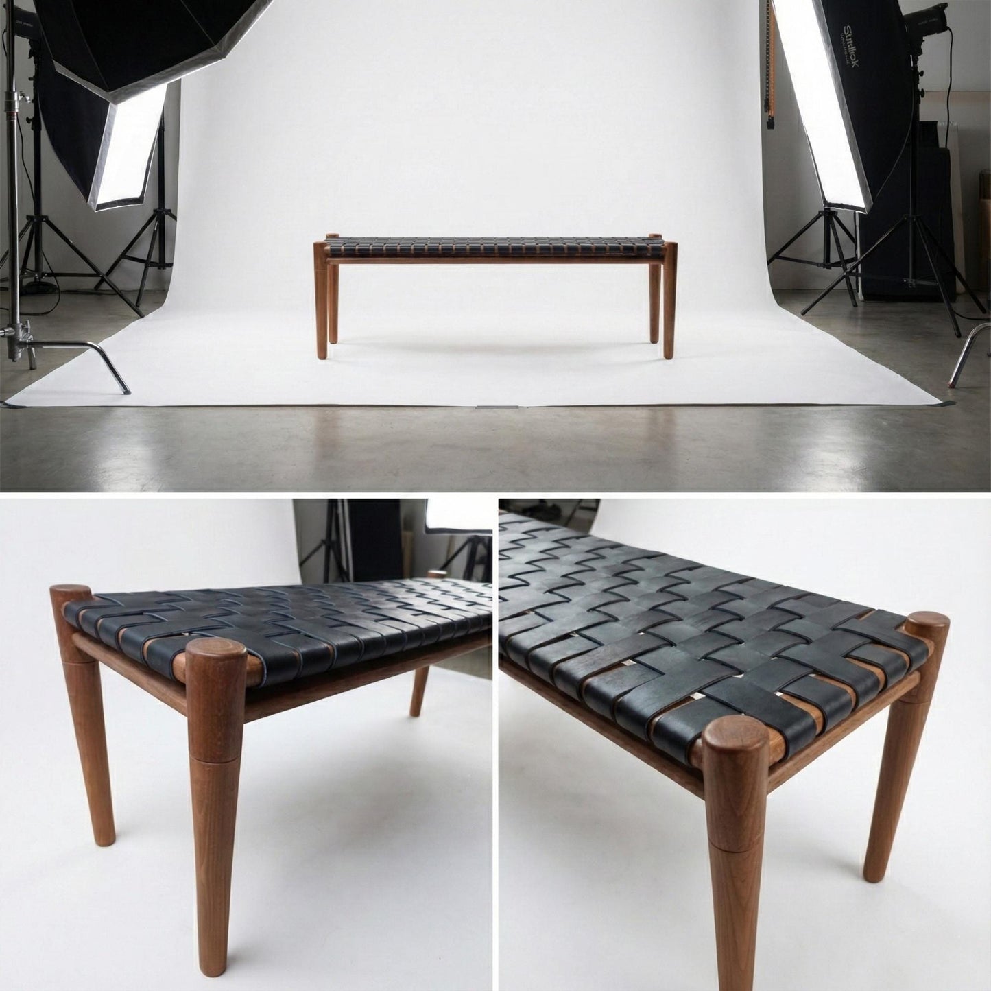 Solid Teak & Black Leather Bench for Entryway, End of Bed, Japandi Furniture