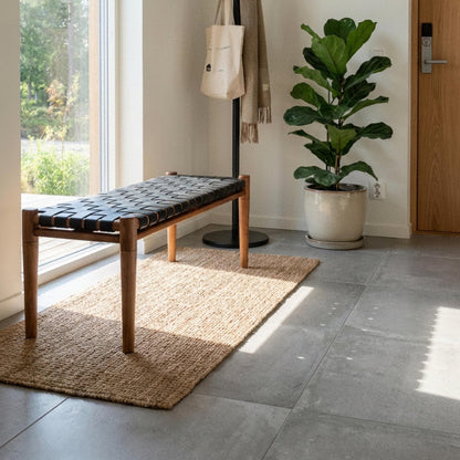 Solid Teak & Black Leather Bench for Entryway, End of Bed, Japandi Furniture